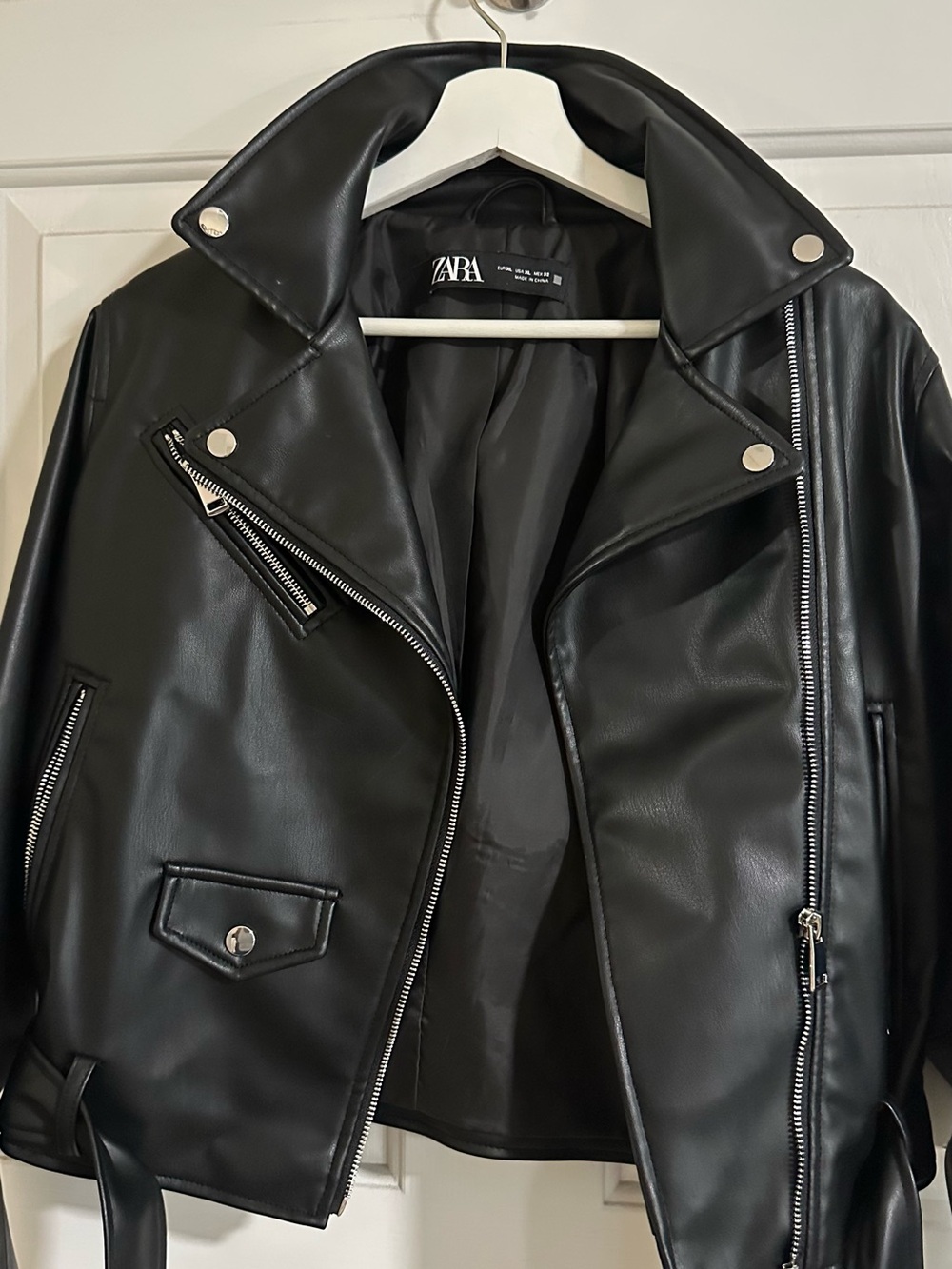 Zara Black Faux Leather Biker Jacket with Silver Hardware
